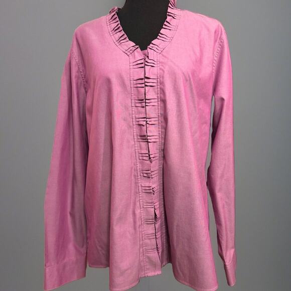 Orvis Blouse 18 Womens Button Up Shirt Ruffle Neck Iridescent Pink Purple Office - Picture 1 of 8